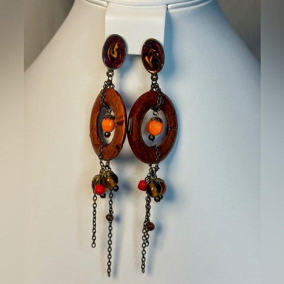 Women’s Brown and Orange Dangle Earrings - Picture 2 of 9
